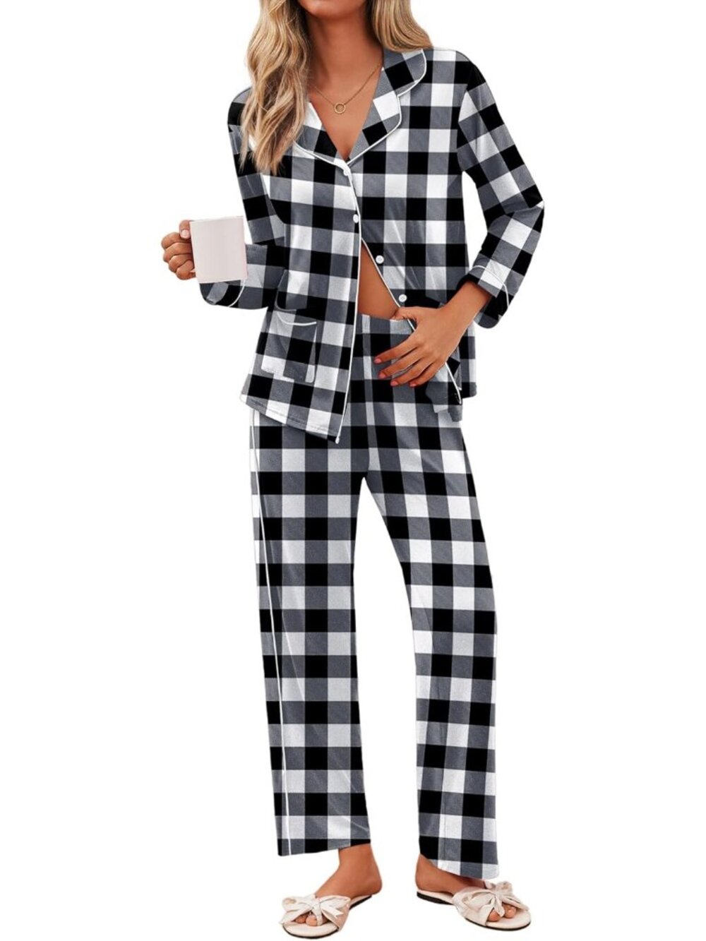 Women Black Plaid Button Down Shirt Sleepwear Straight Leg 2 Piece Pajama Set